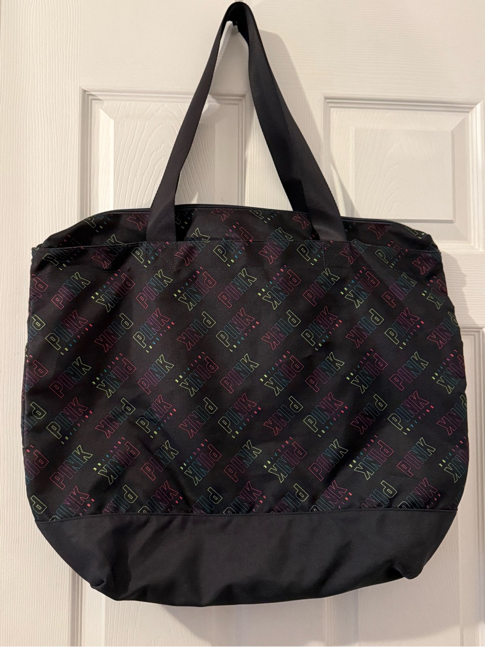 Victoria’s Secret PINK Black Rainbow Logo Tote Bag Large Zip Top